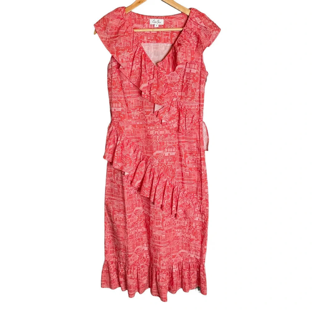 Coco Shop Printed Ruffle Midi Dress Red White - Picture 2 of 5